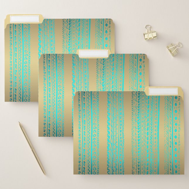 Shiny Teal Turquoise Tribal Pattern on Gold File Folder (Set)