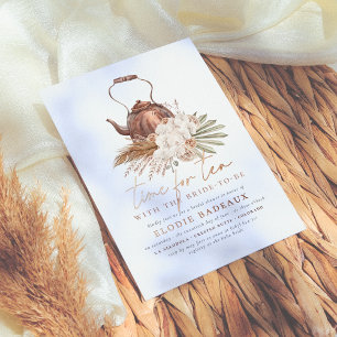 Shiny Time For Tea Boho Terracotta Bridal Shower Foil Invitation