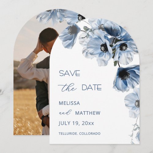 Shiny Transparent Blue Flowers Arched Save The Date