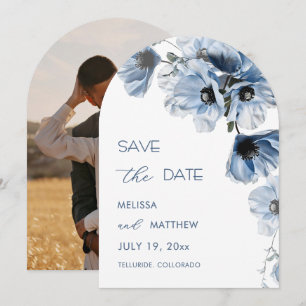 Shiny Transparent Blue Flowers Arched Save The Date