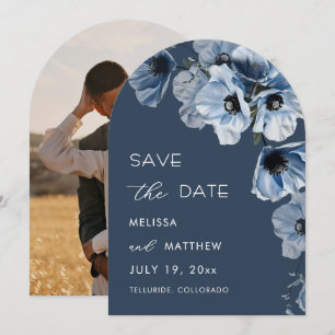Shiny Transparent Blue Flowers Arched Save The Date