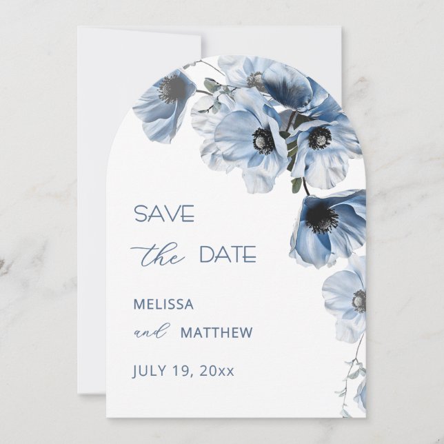 Shiny Transparent Blue Flowers Arched Save The Date (Front)