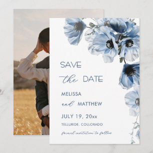 Shiny Transparent Blue Flowers Arched Save The Date