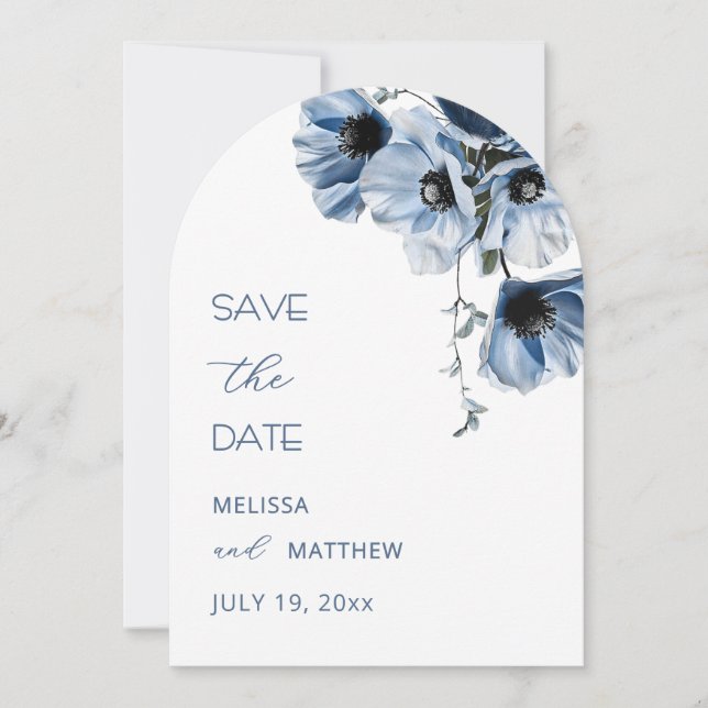 Shiny Transparent Blue Flowers Arched Save The Date (Front)