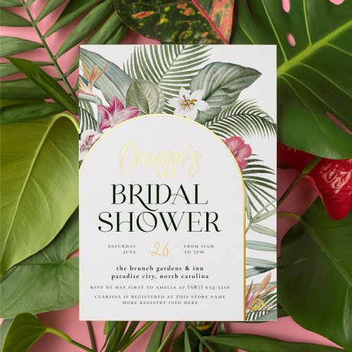 Shiny Tropical Floral Arch Modern Bridal Shower Foil Invitation