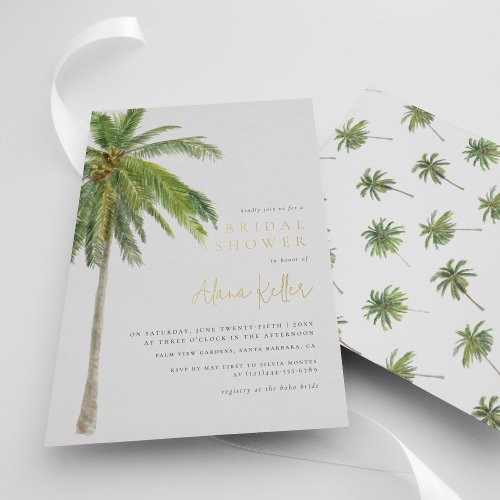 Shiny Tropical Watercolor Palm Tree Bridal Shower Foil Invitation
