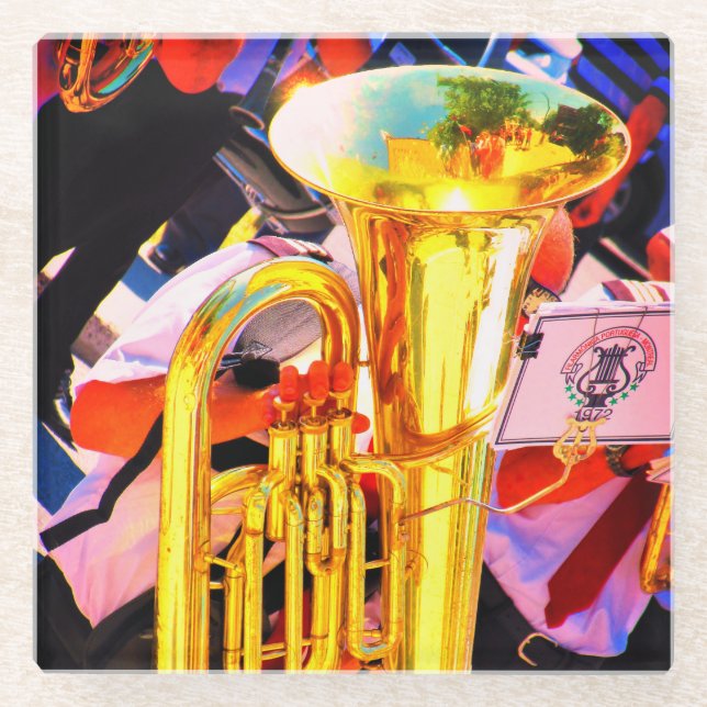 Shiny Tuba Slanted Perspective Brass Band Glass Coaster (Front)