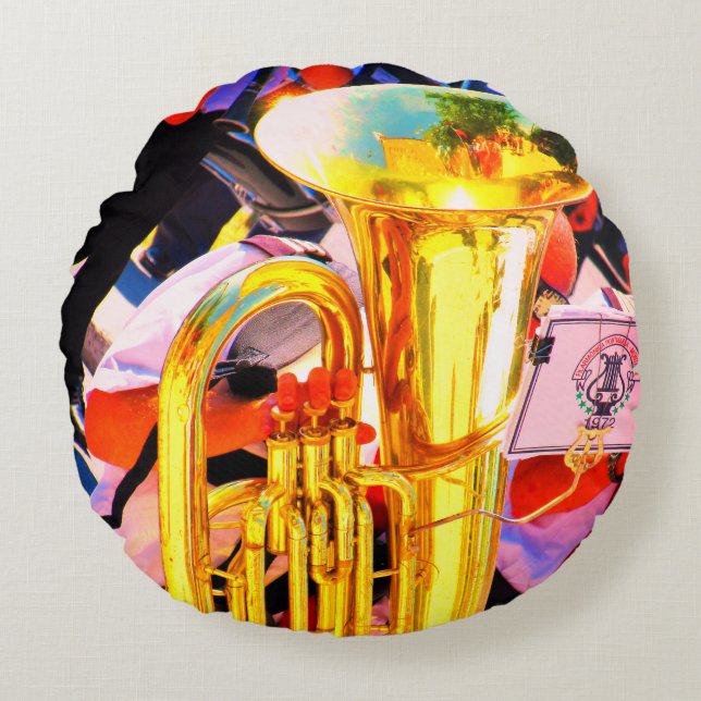 Shiny Tuba Slanted Perspective Brass Band Round Pillow (Front)
