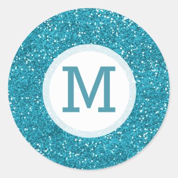 Shiny Turquoise Blue Glitter Monogrammed Classic Round Sticker by InitialsMonogram at Zazzle