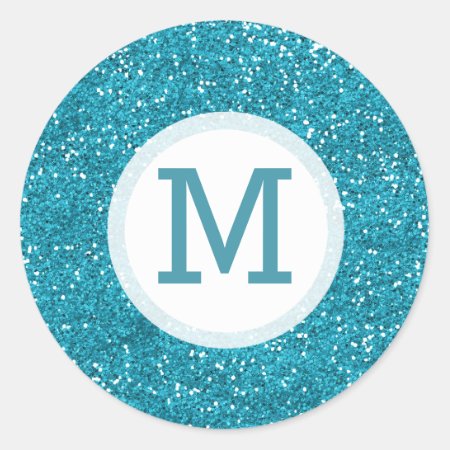 Shiny Turquoise Blue Glitter Monogrammed Classic Round Sticker