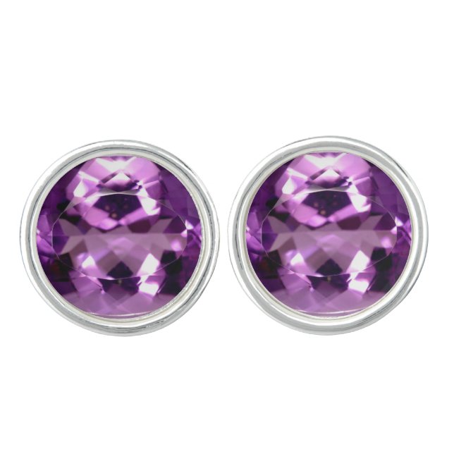 Shiny violet Amethyst gem February birthstone Cufflinks (Front)