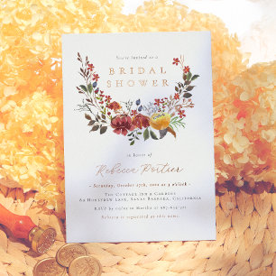 Shiny Watercolor Wildflowers Fall Bridal Shower Foil Invitation