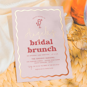 Shiny Wavy Retro Pink & Red Groovy Bridal Brunch Foil Invitation
