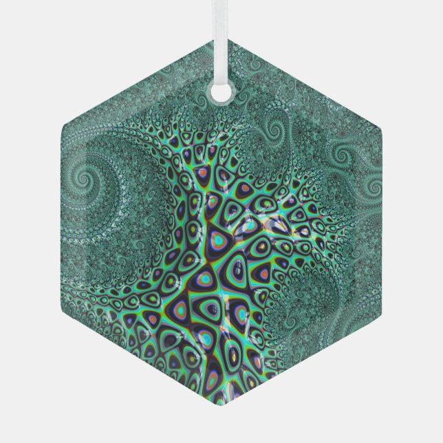 Shiny Wet Teal Spotted Octopus Fine Fractal Art Glass Ornament (Front)