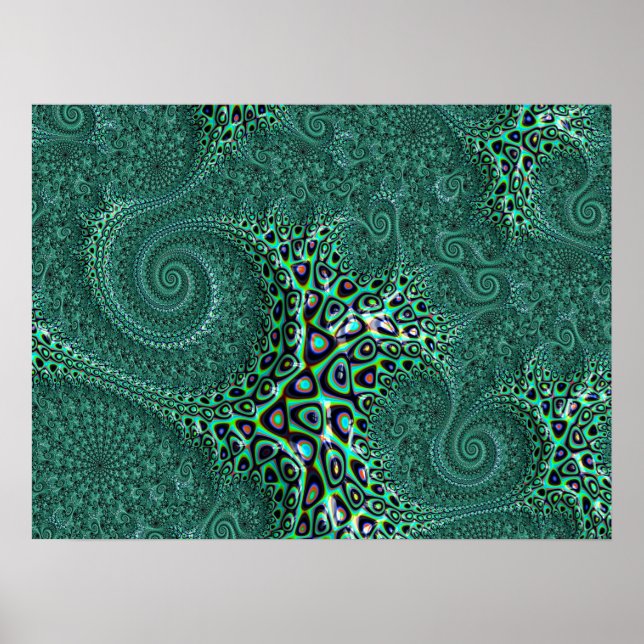 Shiny Wet Teal Spotted Octopus Fractal Art Poster (Front)