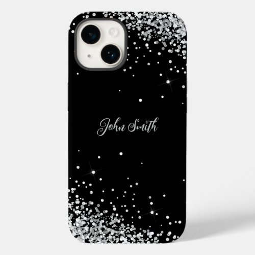Shiny White Gray Glitter Black Text Customizable Case_Mate iPhone 14 Case