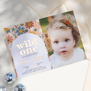 Shiny Wild One Retro Photo 1st Birthday Party Foil Invitation