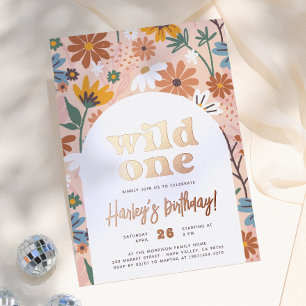 Shiny Wild One Retro Wildflower 1st Birthday Party Foil Invitation
