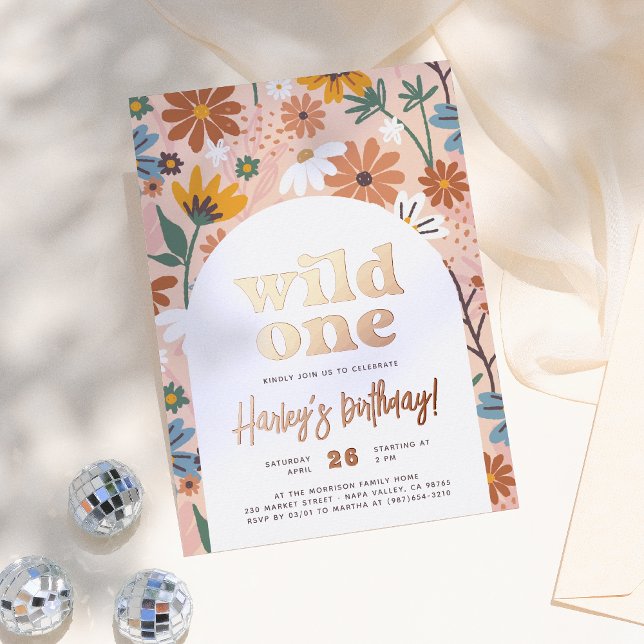 Shiny Wild One Retro Wildflower 1st Birthday Party Foil Invitation (Creator Uploaded)