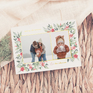 Shiny Winter Botanicals & Holly Christmas 2 Photo Foil Holiday Card