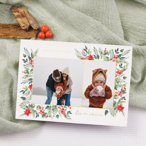 Shiny Winter Botanicals  Holly Christmas 2 Photo Foil Holiday Card