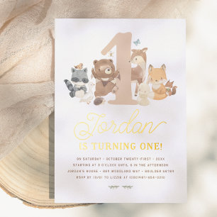 Shiny Woodland Animals First Birthday Party Foil Invitation