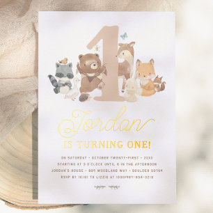 Shiny Woodland Animals First Birthday Party Foil Invitation