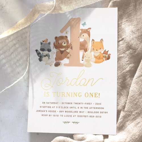 Shiny Woodland Animals First Birthday Party Foil Invitation