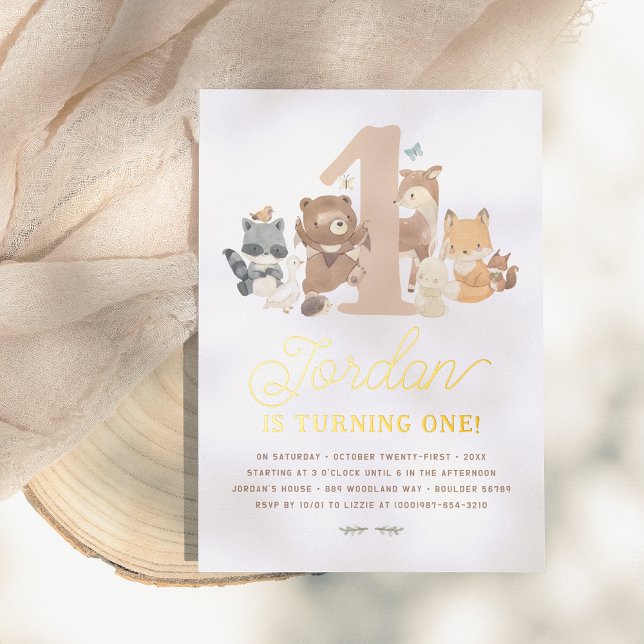 Shiny Woodland Animals First Birthday Party Foil Invitation (Creator Uploaded)