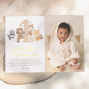 Shiny Woodland Animals First Birthday Party Photo Foil Invitation