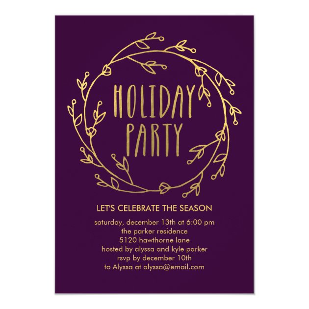 Shiny Wreath Holiday Party Invitation - Purple