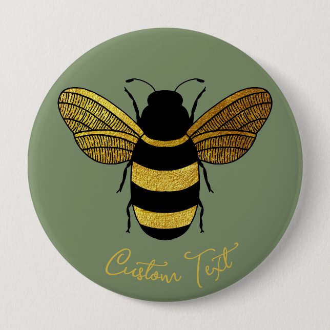 SHINY YELLOW GOLD BLACK BUMBLEBEE CUSTOM TEXT BEE  BUTTON (Front)