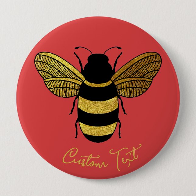 SHINY YELLOW GOLD BLACK BUMBLEBEE CUSTOM TEXT BEE BUTTON (Front)