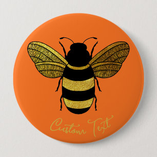 SHINY YELLOW GOLD BLACK BUMBLEBEE CUSTOM TEXT BEE  BUTTON