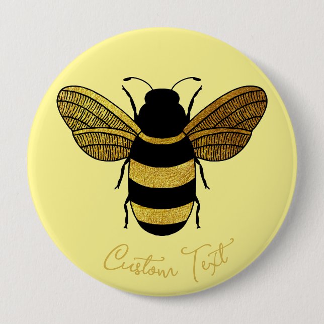 SHINY YELLOW GOLD BLACK BUMBLEBEE CUSTOM TEXT BEE  BUTTON (Front)