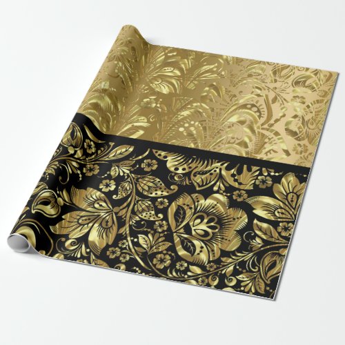 ShinyGold And Black Damasks Wrapping Paper