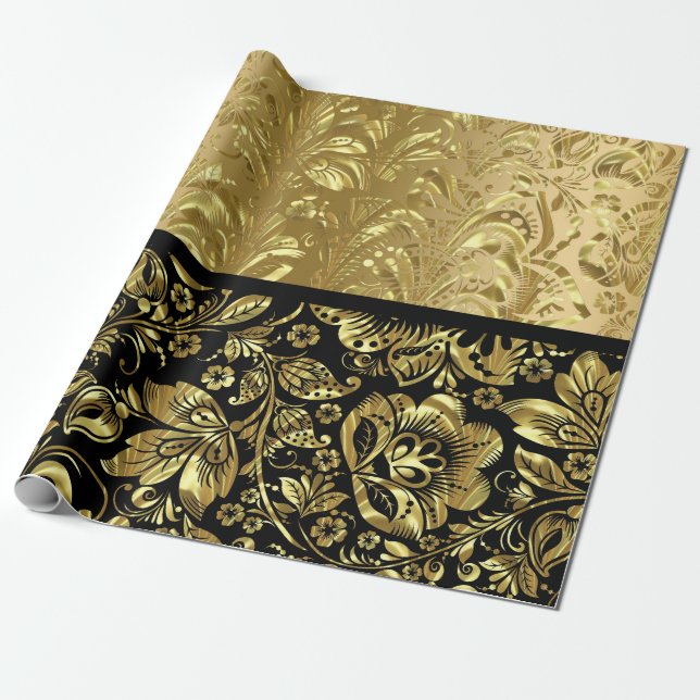 ShinyGold And Black Damasks Wrapping Paper (Unrolled)