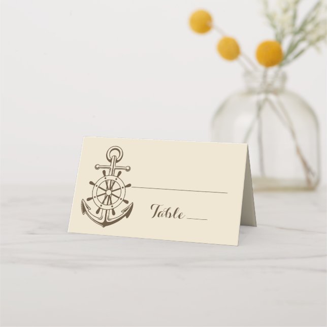 Ship Anchor Brown Tan Nautical Ship Wheel Wedding Place Card (Front)