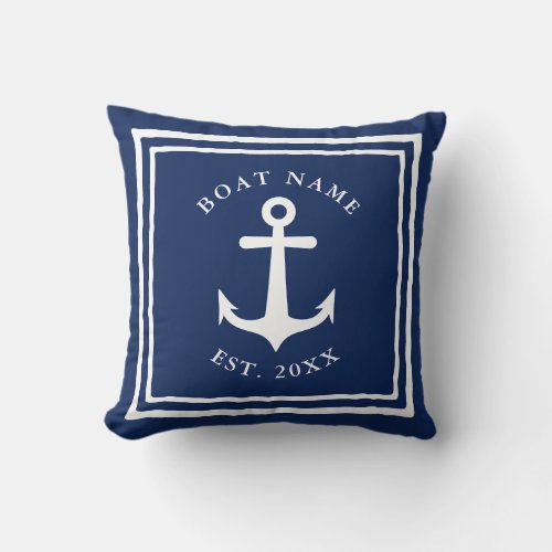 Ship Anchor Custom Boat Name Navy Blue Nautical Throw Pillow