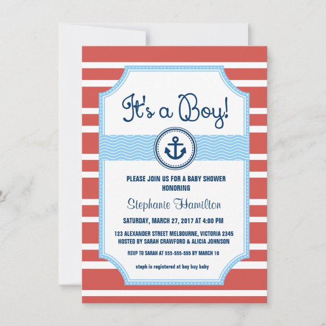 Ship anchor nautical baby boy shower invitation (Front)