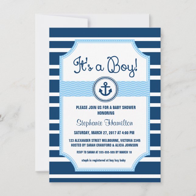 Ship anchor nautical baby boy shower invitation (Front)