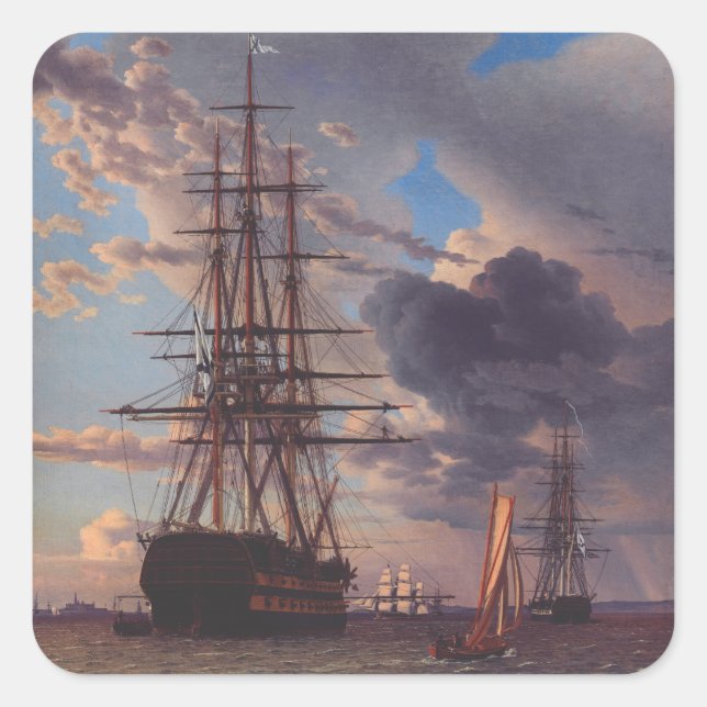 Ship and a Frigate at Anchor  Square Sticker (Front)