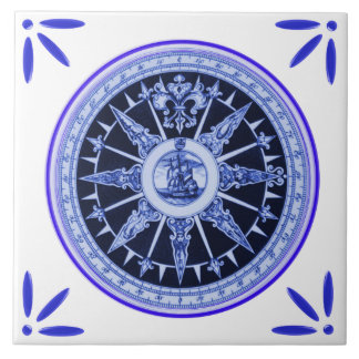 Ship and Compass Marine Vintage-Delft-Blue-Look Tile