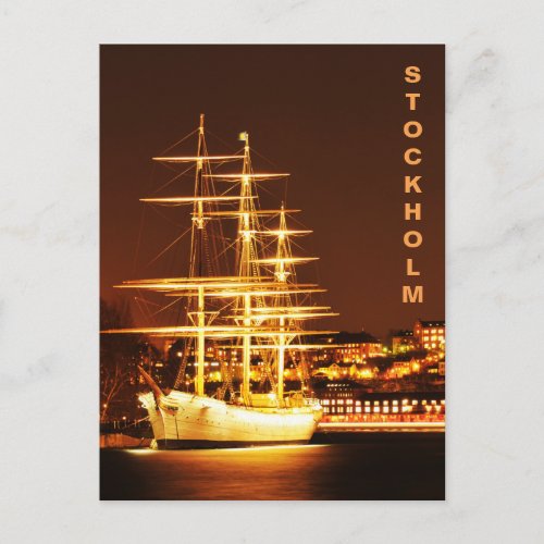Ship at night in Stockholm Sweden Postcard