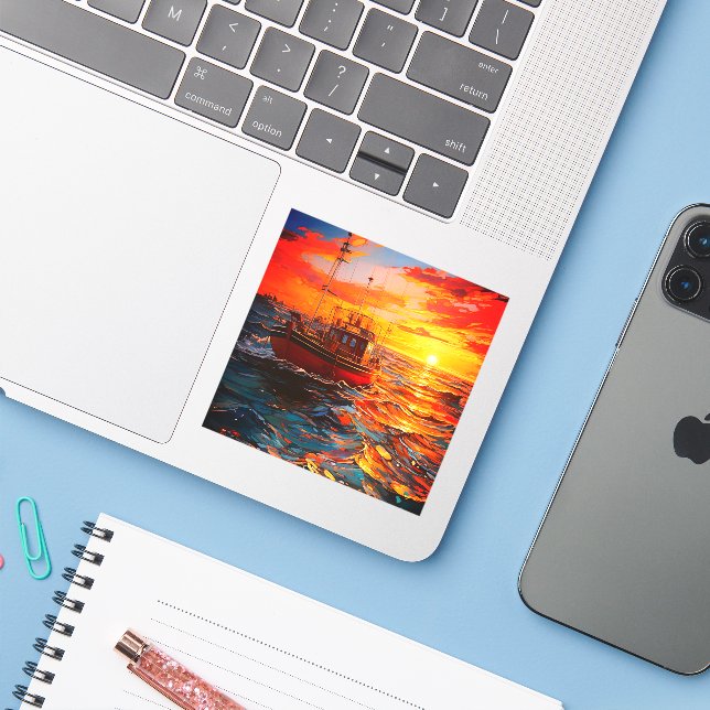 Ship at Sunset Sticker (Laptop w/ iPhone)