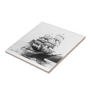 Ship - Black and White Ceramic Tile
