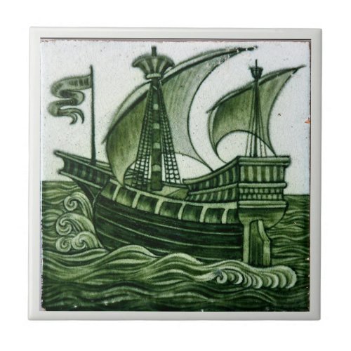 Ship By William  De Morgan Green Eggshell     Ceramic Tile