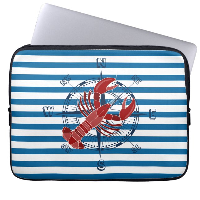 Ship Compass and Lobster Blue and White Stripe Laptop Sleeve (Front)