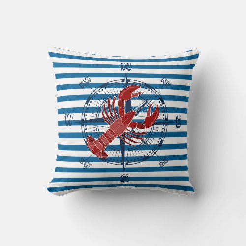 Ship Compass and Lobster Blue and White Stripe Throw Pillow