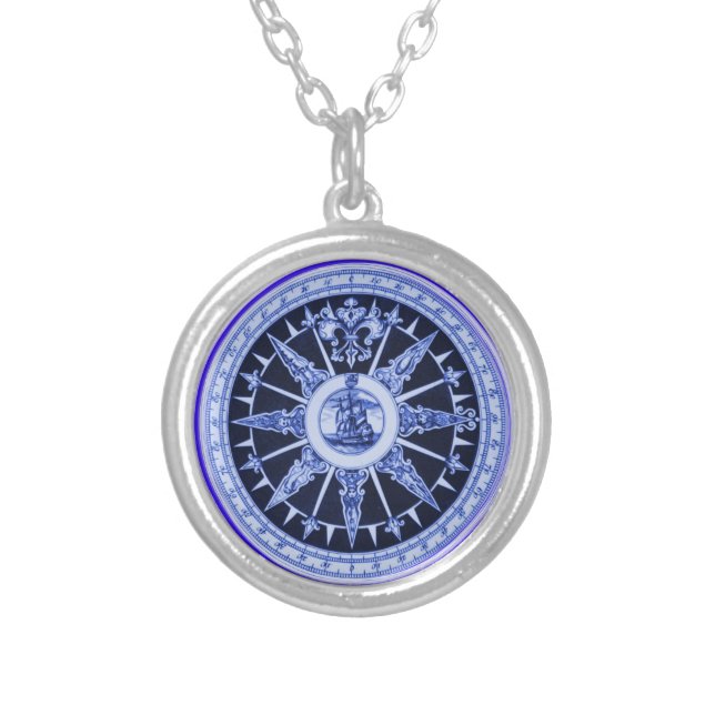 Ship Compass Directions Delft-Blue-Look Silver Plated Necklace (Front)